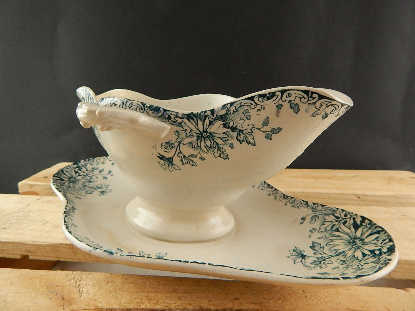 ANTICA 1886 ART NOUVEAU SALSIERA PORCELLANA OPACA GIEN FIORI AUTUNNO