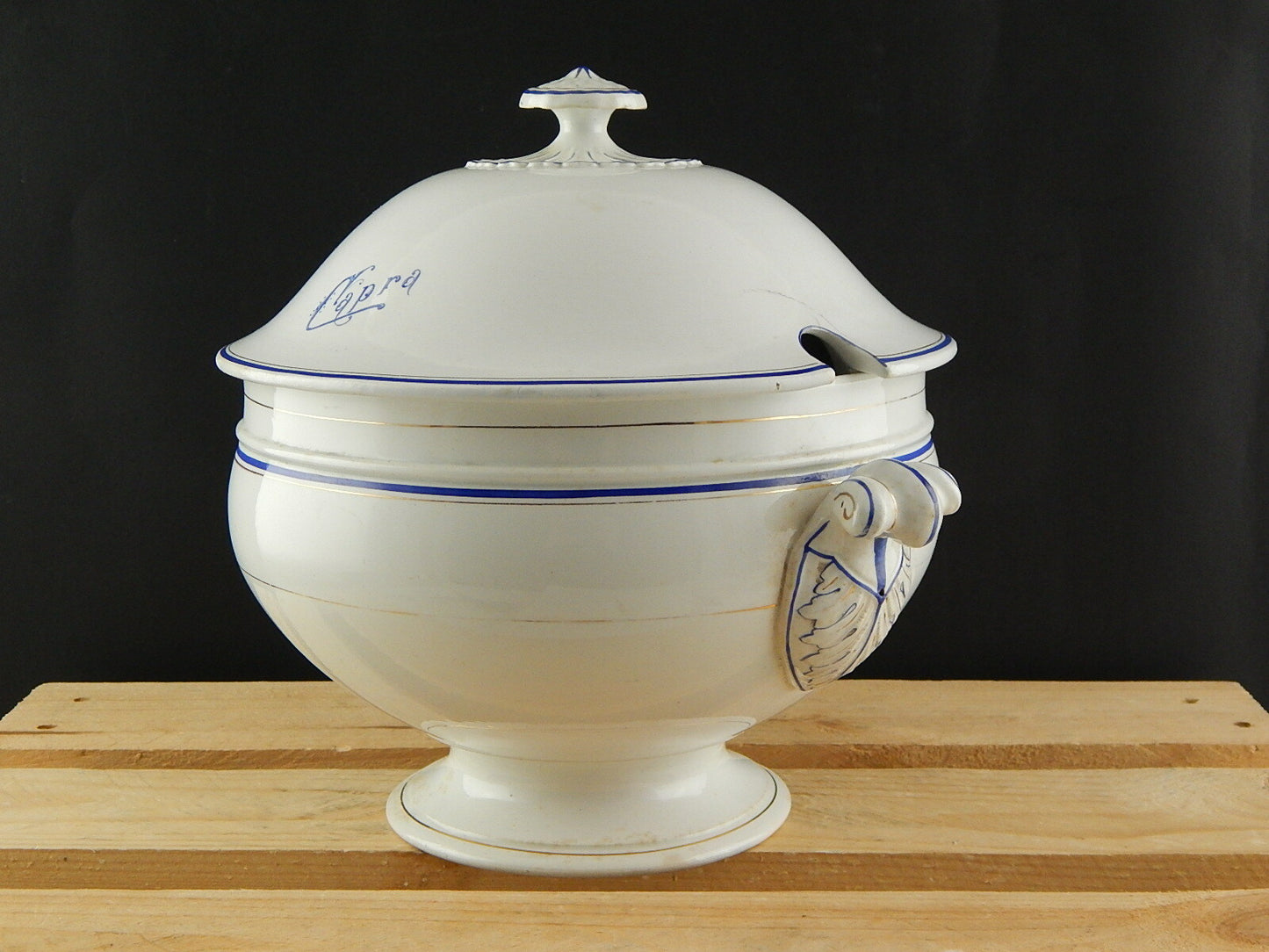 ANTICA ZUPPIERA CERAMICA RICHARD MILANO FINE 800 BIANCO BLU PERSONALIZZATA CAPRA