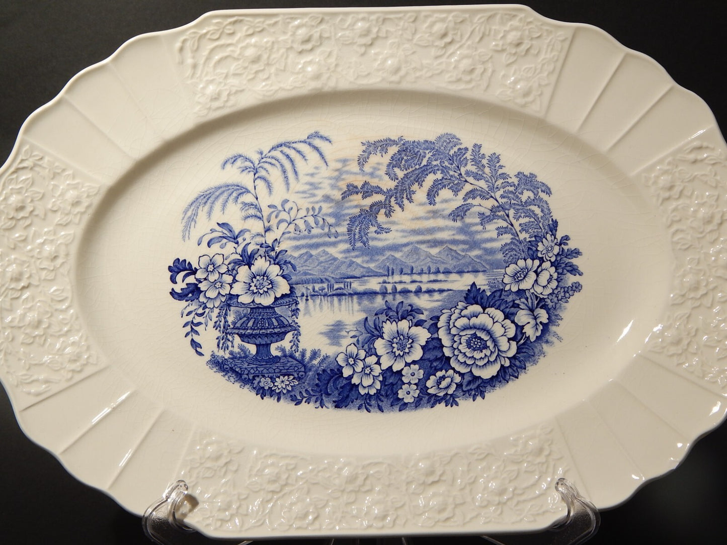 ANTICO GRANDE VASSOIO CERAMICA MYOTT SON STAFFORDSHIRE ENGLAND BANFF BIANCO BLU