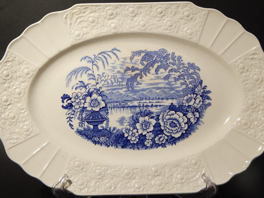 ANTICO GRANDE VASSOIO CERAMICA MYOTT SON STAFFORDSHIRE ENGLAND BANFF BIANCO BLU