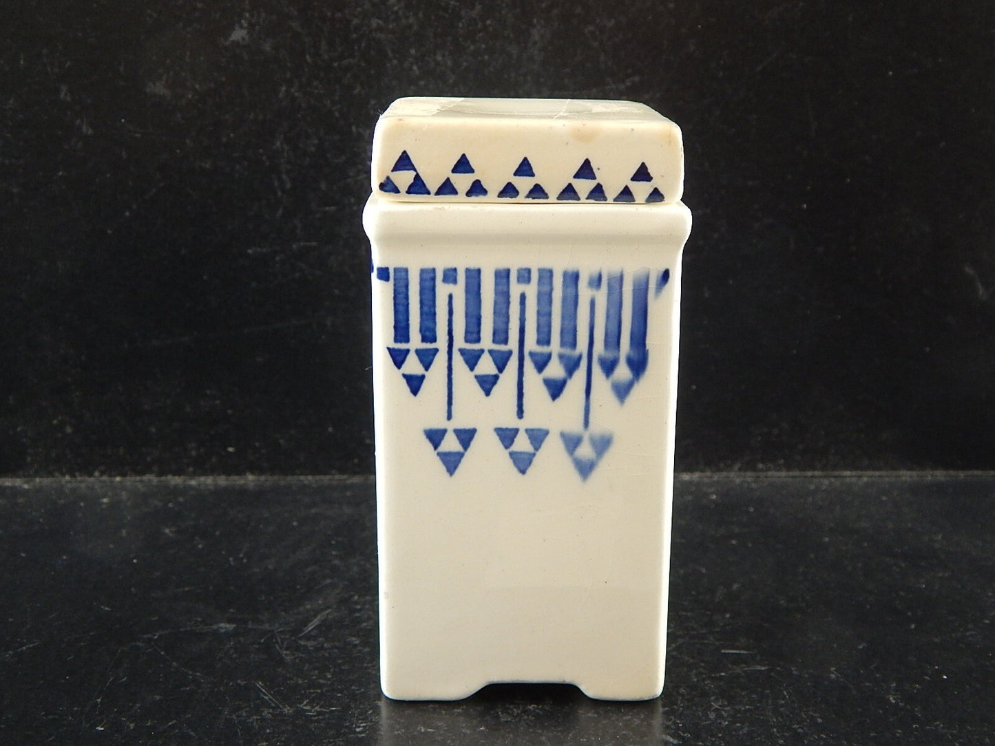 ANTICO BARATTOLO SPEZIE CERAMICA NOCE MOSCATA CUCINA ART DECO 1900 BIANCO BLU