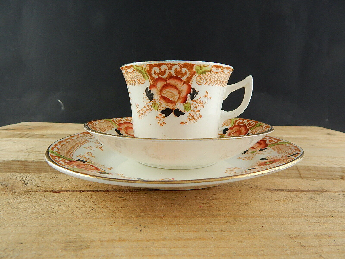 ANTICO PREZIOSO TRIO TAZZA TÈ 2 PIATTI PORCELLANA INGLESE EPOCA VITTORIANA #5917