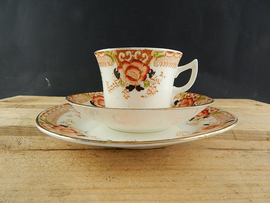 ANTICO PREZIOSO TRIO TAZZA TÈ 2 PIATTI PORCELLANA INGLESE EPOCA VITTORIANA #5917