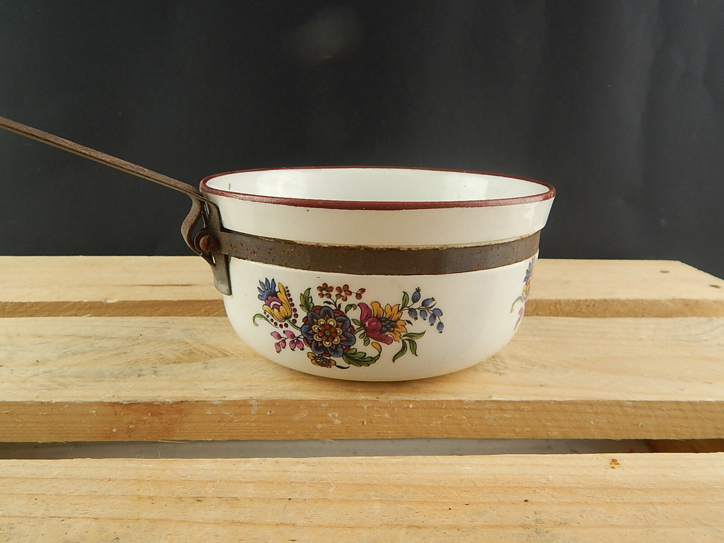 ANTICO RARISSIMO TEGAME PENTOLINO CERAMICA SMALTATA DECORO FLOREALE COLLEZIONE