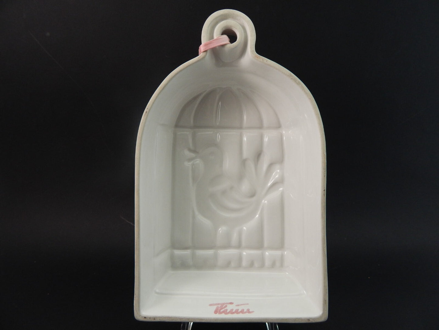 VINTAGE FORMELLA CERAMICA DESIGNER LENE VECCHIA THUN GABBIA CON UCCELLINO ROSA