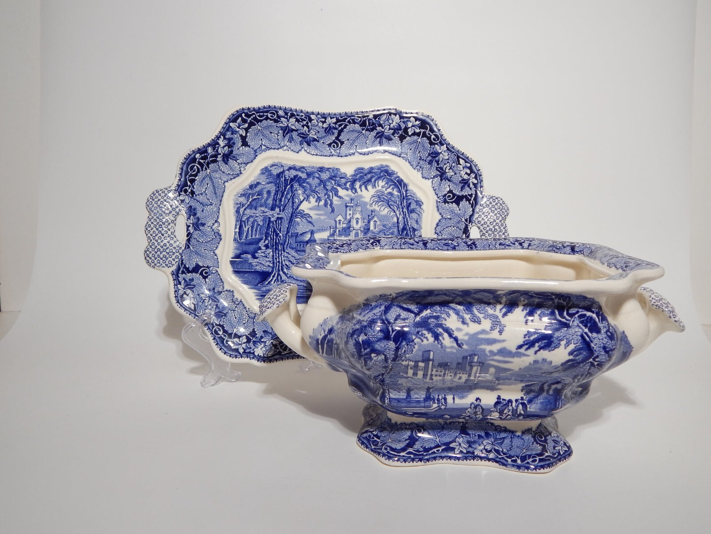 ANTICO CENTROTAVOLA FRUTTIERA CERAMICA INGLESE MASON’S DECORO VISTA BIANCO BLU