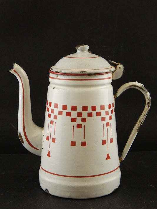 ANTICA FRANCIA CAFFETTIERA LATTA SMALTATA PORCELLANATA ROSSO COUNTRY COLLECTION