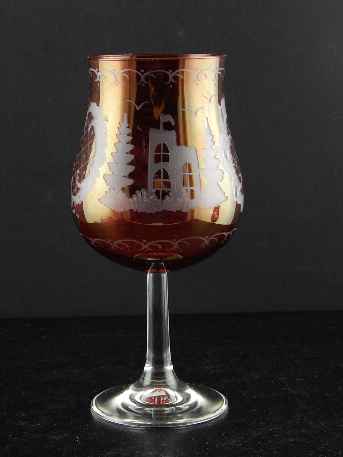 ANTICO BICCHIERE CALICE CRISTALLO ROSSO RUBINO INCISO ALL'ACIDO BOEMIA