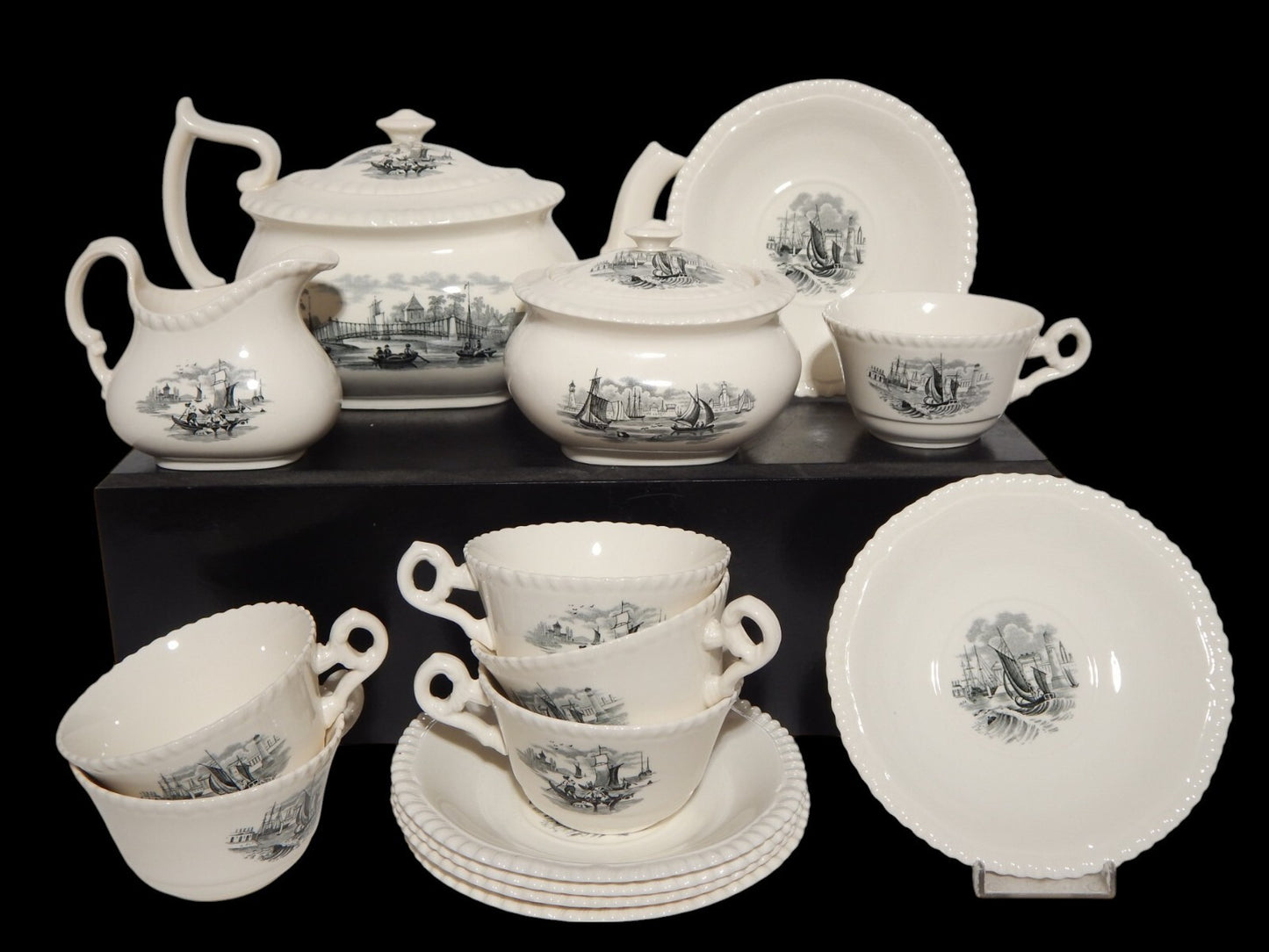 ANTICO RARO SERVIZIO TE' INGLESE SEMI PORCELLANA COPELAND SPODE PAESAGGIO MARINO