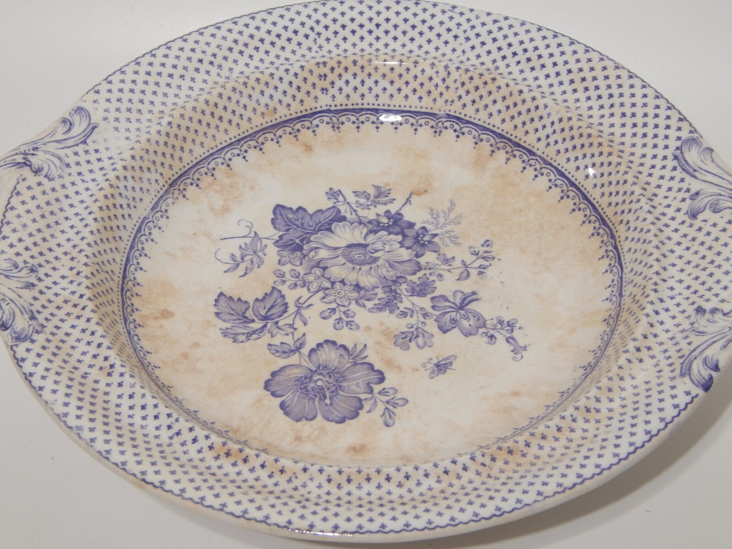 ANTICA LEGUMIERA CENTROTAVOLA CERAMICA INGLESE PRIMAVESI ERMINE BORDER VIOLA