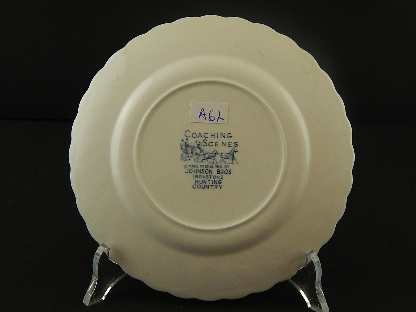 VINTAGE AUTENTICO PIATTO CM 16 PORCELLANA JOHNSON BROS COACHING SCENE BIANCO BLU