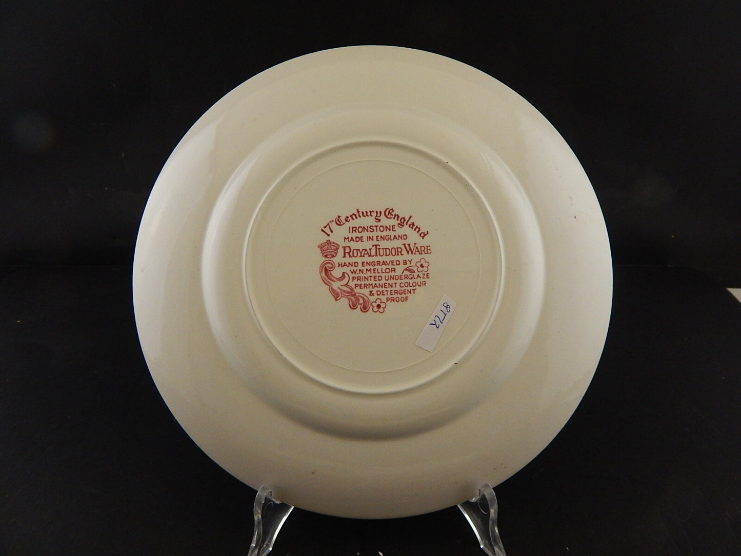 CERAMICA VINTAGE PIATTO ROYAL TUDOR STAMPATO A MANO DA MELLOR BIANCO-ROSSO