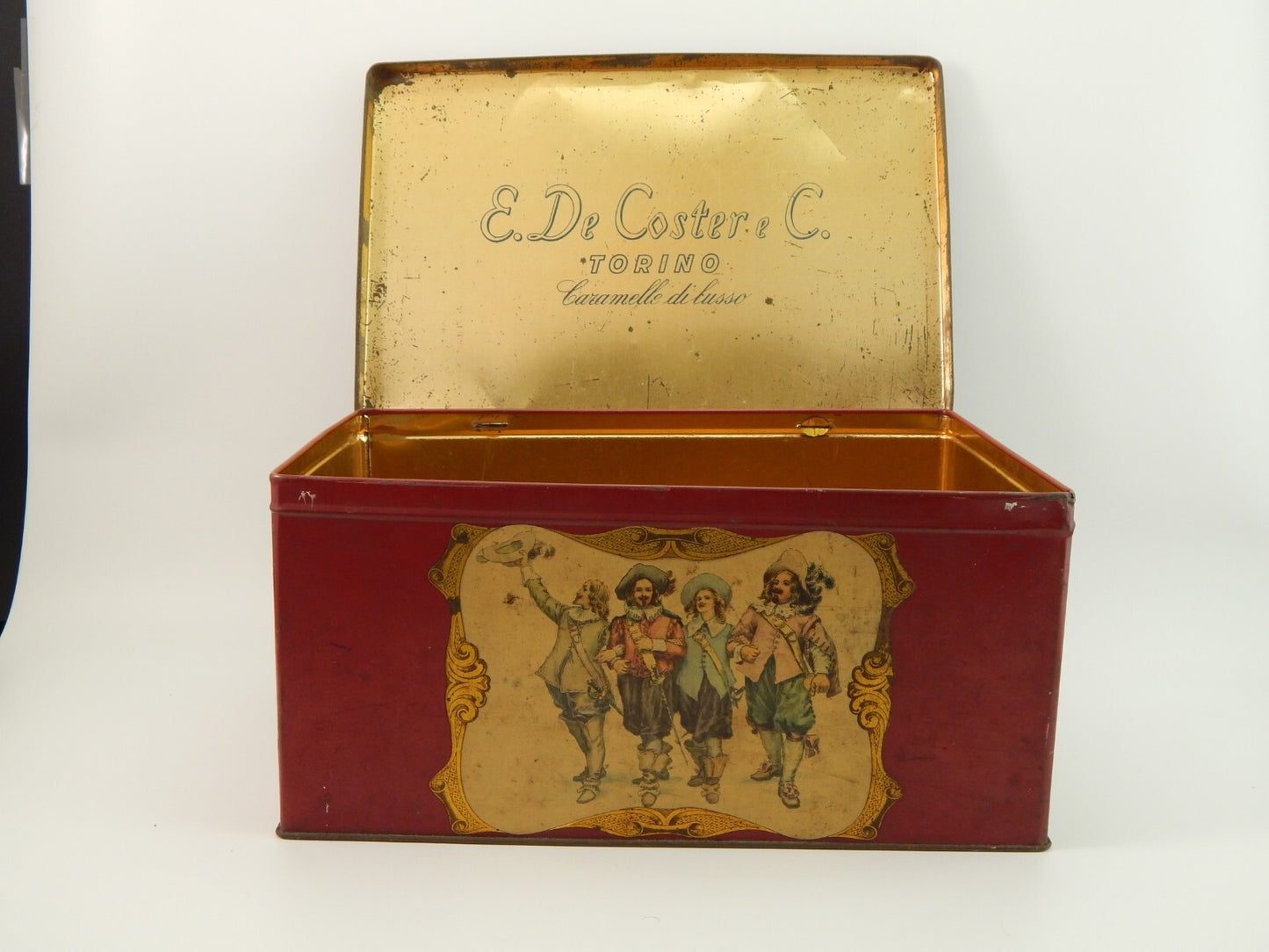 ANTICA RARA SCATOLA LATTA CARAMELLE E. DE COSTER & C. TORINO I MOSCHETTIERI