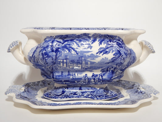 ANTICO CENTROTAVOLA FRUTTIERA CERAMICA INGLESE MASON’S DECORO VISTA BIANCO BLU