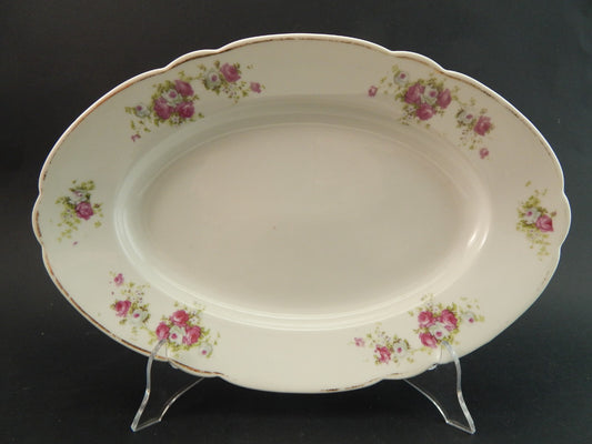 ANTICO LIMOGES VASSOIO OVALE FONDO PORCELLANA FINE 800 BOUQUET DI ROSE