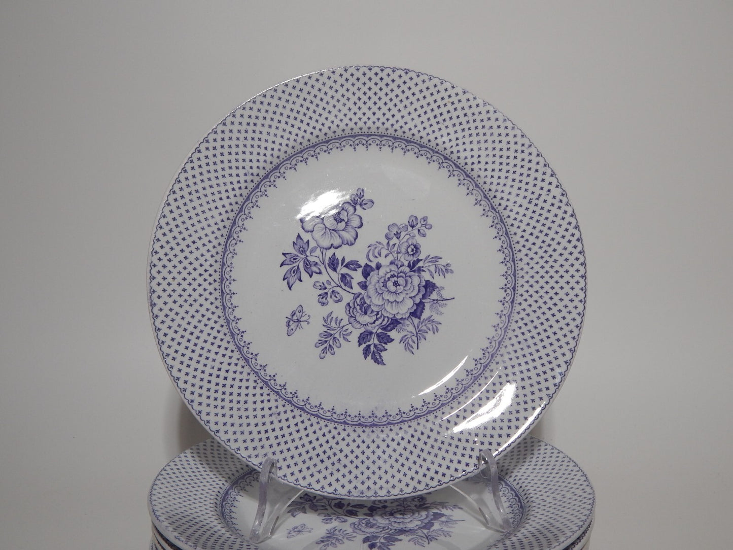 ANTICO SET 6 PIATTI CERAMICA STAFFORDSHIRE PRIMAVESI 1860 ERMINE BORDER VIOLA