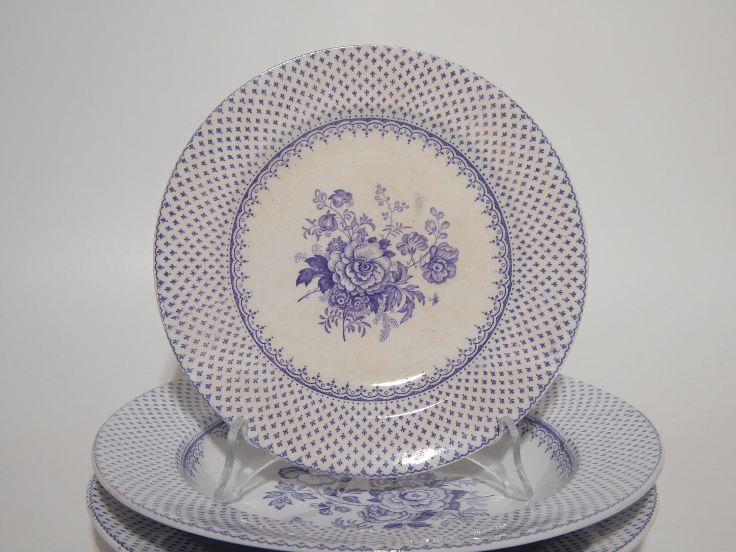 ANTICO SET 12 PIATTI CERAMICA STAFFORDSHIRE PRIMAVESI 1860 ERMINE BORDER VIOLA
