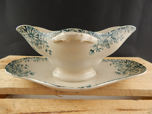 ANTICA 1886 ART NOUVEAU SALSIERA PORCELLANA OPACA GIEN FIORI AUTUNNO