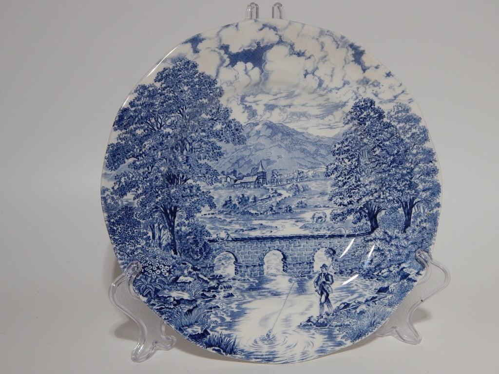 ANTICA PIATTO INGLESE CROWN DUCAL SEMI PORCELLANA BRIDGE SCENES BIANCO BLU