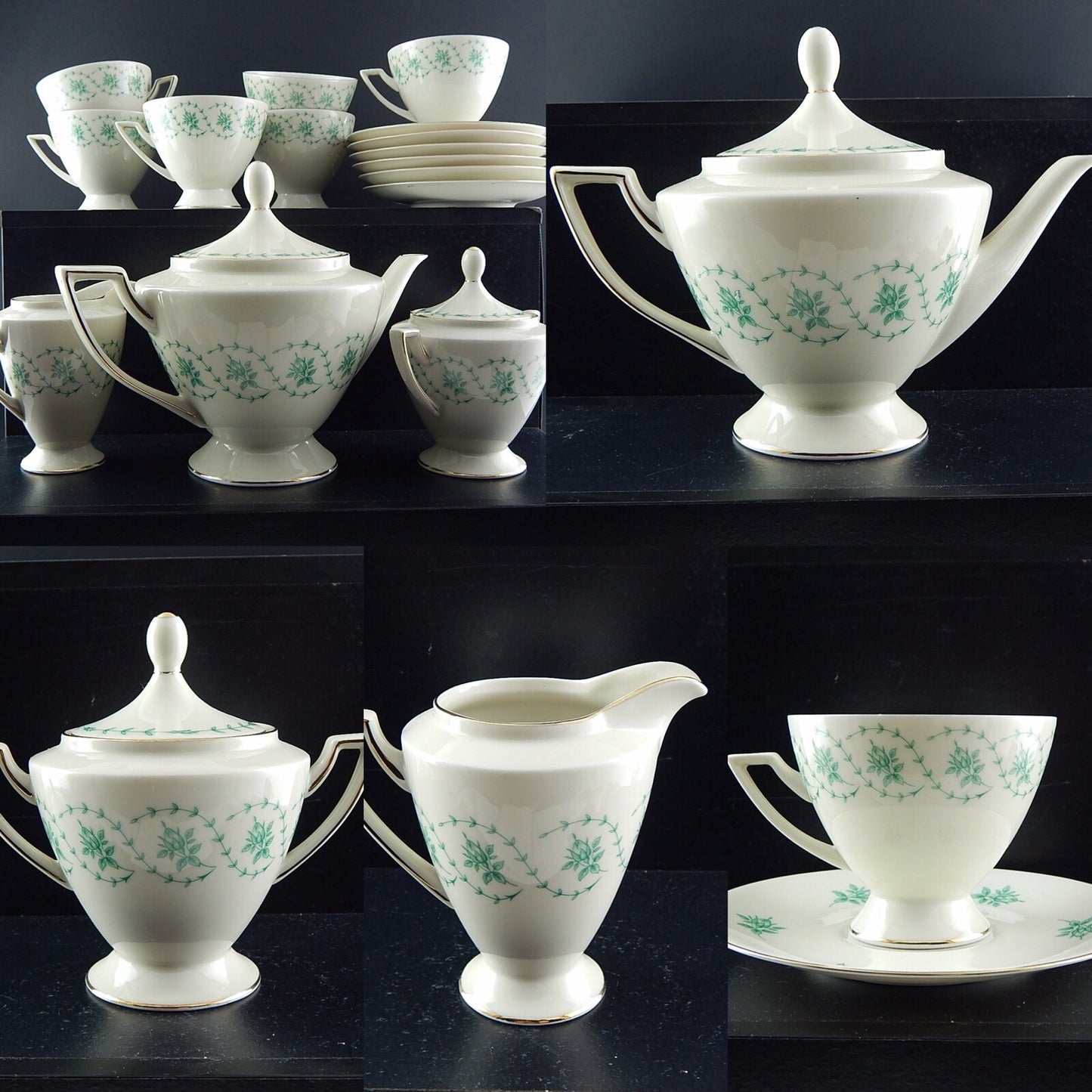 ANTICO SERVIZIO DA TÈ IMPERO PORCELLANA AVORIO E VERDE JAEGER&CO BAVARIA