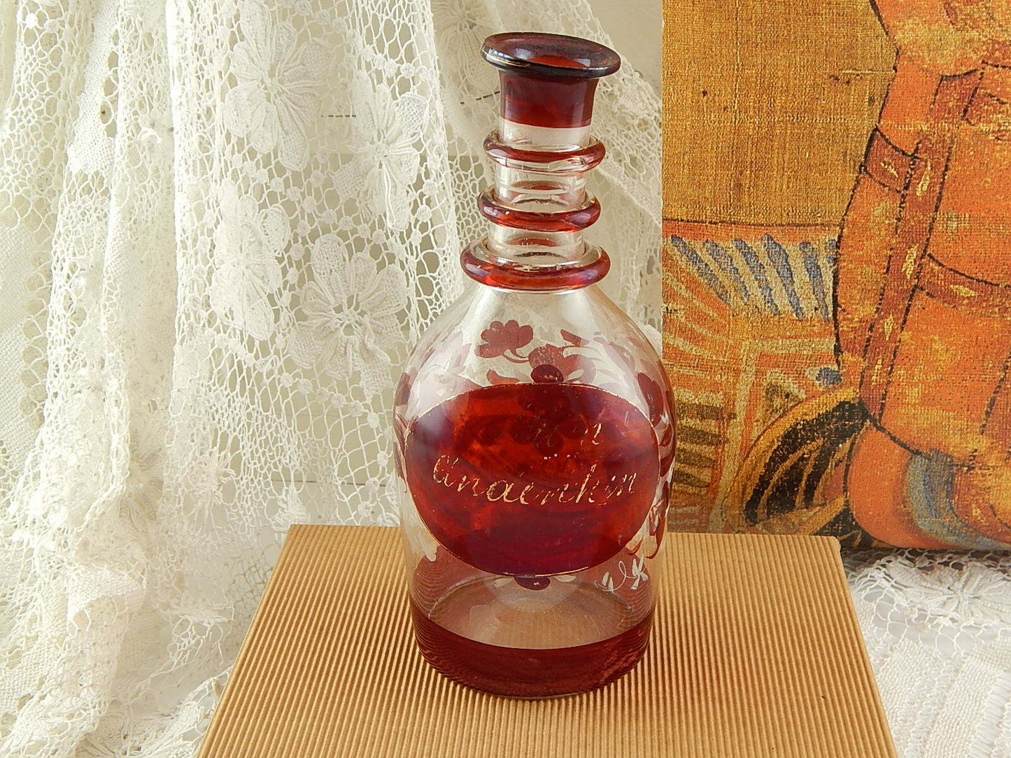 ANTICA RARA BOTTIGLIA VETRO SOFFIATO BOEMIA BIEDERMEIER DIPINTA IN ROSSO RUBINO