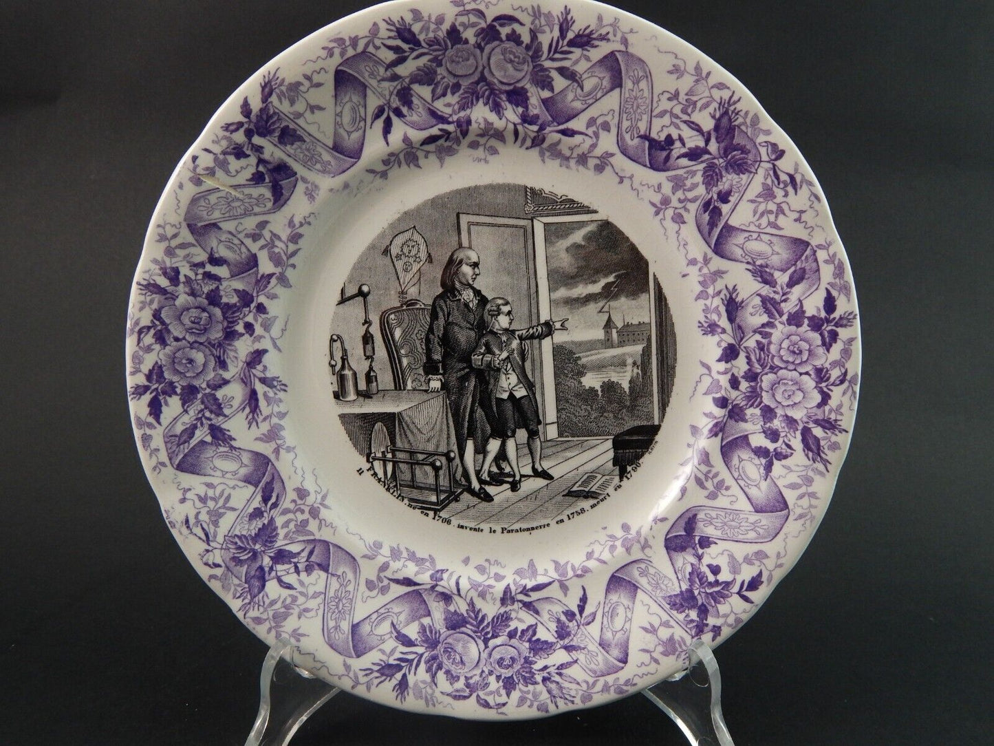 ANTICO PIATTO CERAMICA OPAQUE DE SARREGUEMINES 1800 COLLEZIONE INVENZIONI #1500