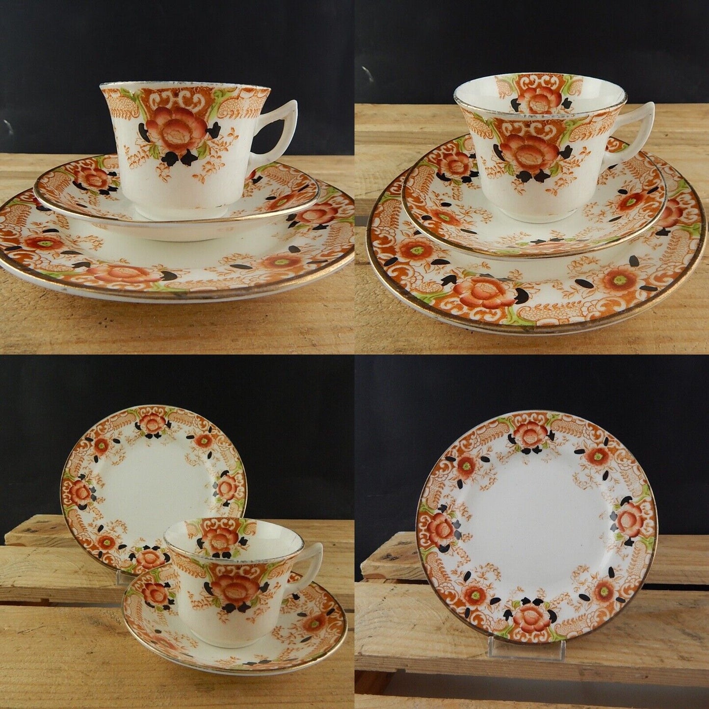 ANTICO PREZIOSO TRIO TAZZA TÈ 2 PIATTI PORCELLANA INGLESE EPOCA VITTORIANA #5921