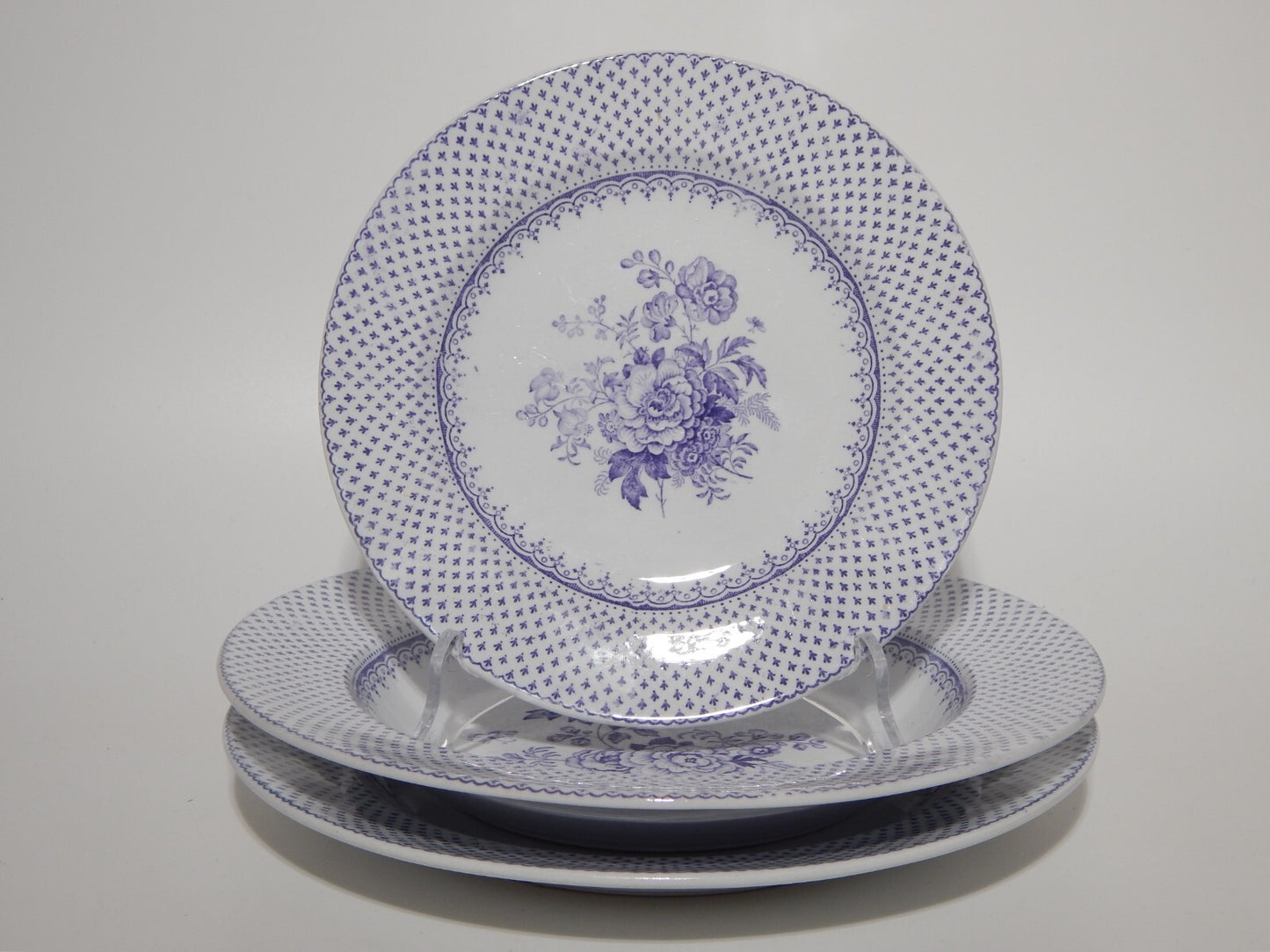 ANTICO SET 18 PIATTI CERAMICA STAFFORDSHIRE PRIMAVESI 1860 ERMINE BORDER VIOLA