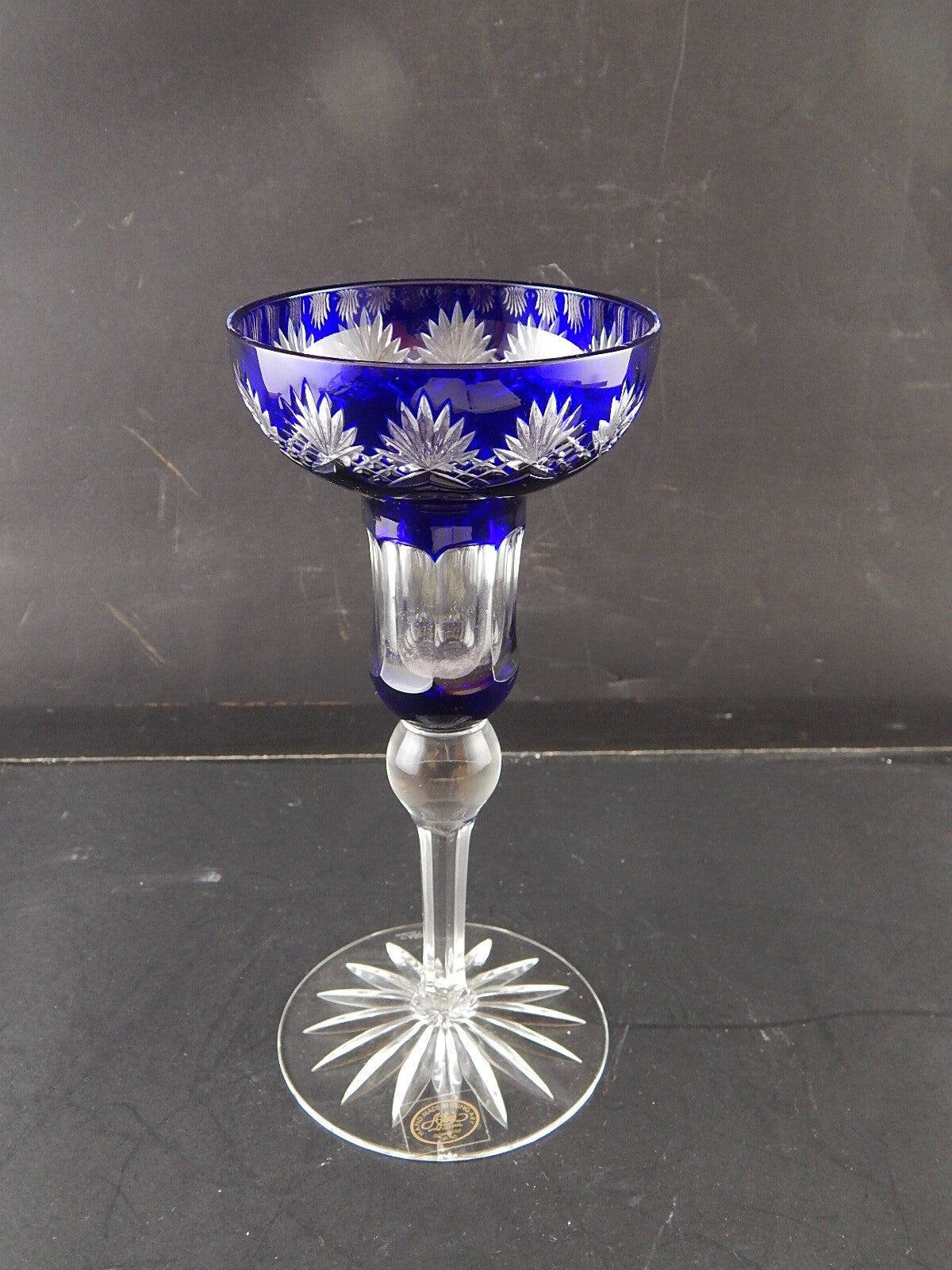 VINTAGE PREZIOSO PORTA CANDELA CRISTALLO ART DECO BOEMIA MOLATO BLU COBALTO