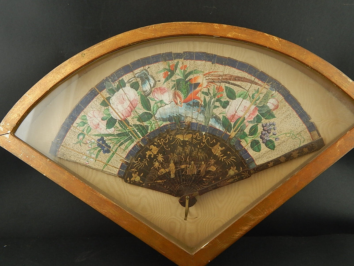 ANTICO PRIMO 800 VENTAGLIO ORIENTALE IN CARTA E STECCHE LEGNO DIPINTE IN ORO