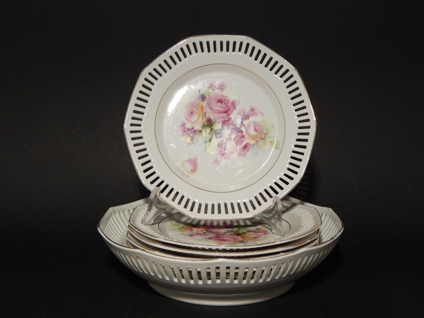 SCHUMANN BAVARIA PREZIOSO SERVIZIO DA DOLCE PORCELLANA TRAFORATA 1930 LE ROSE