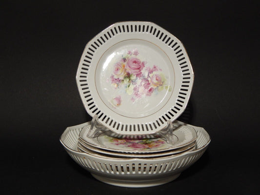 SCHUMANN BAVARIA PREZIOSO SERVIZIO DA DOLCE PORCELLANA TRAFORATA 1930 LE ROSE