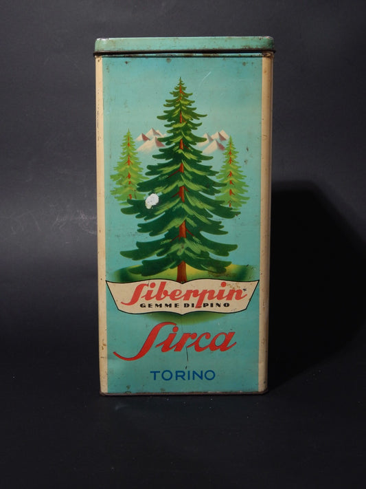 PUBBLICITARIO RARA VINTAGE SCATOLA LATTA GEMME DI PINO SIBERPIN SIRCA TORINO