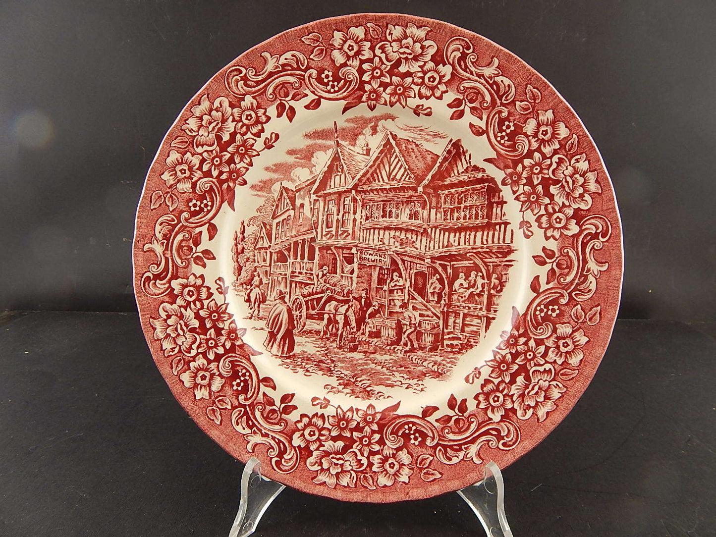CERAMICA VINTAGE PIATTO ROYAL TUDOR STAMPATO A MANO DA MELLOR BIANCO-ROSSO