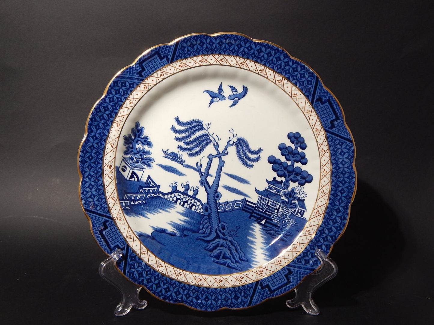 ANTICO REAL OLD WILLOW BOOTHS VASSOIO PORCELLANA INGLESE BIANCO BLU E ORO CM. 30