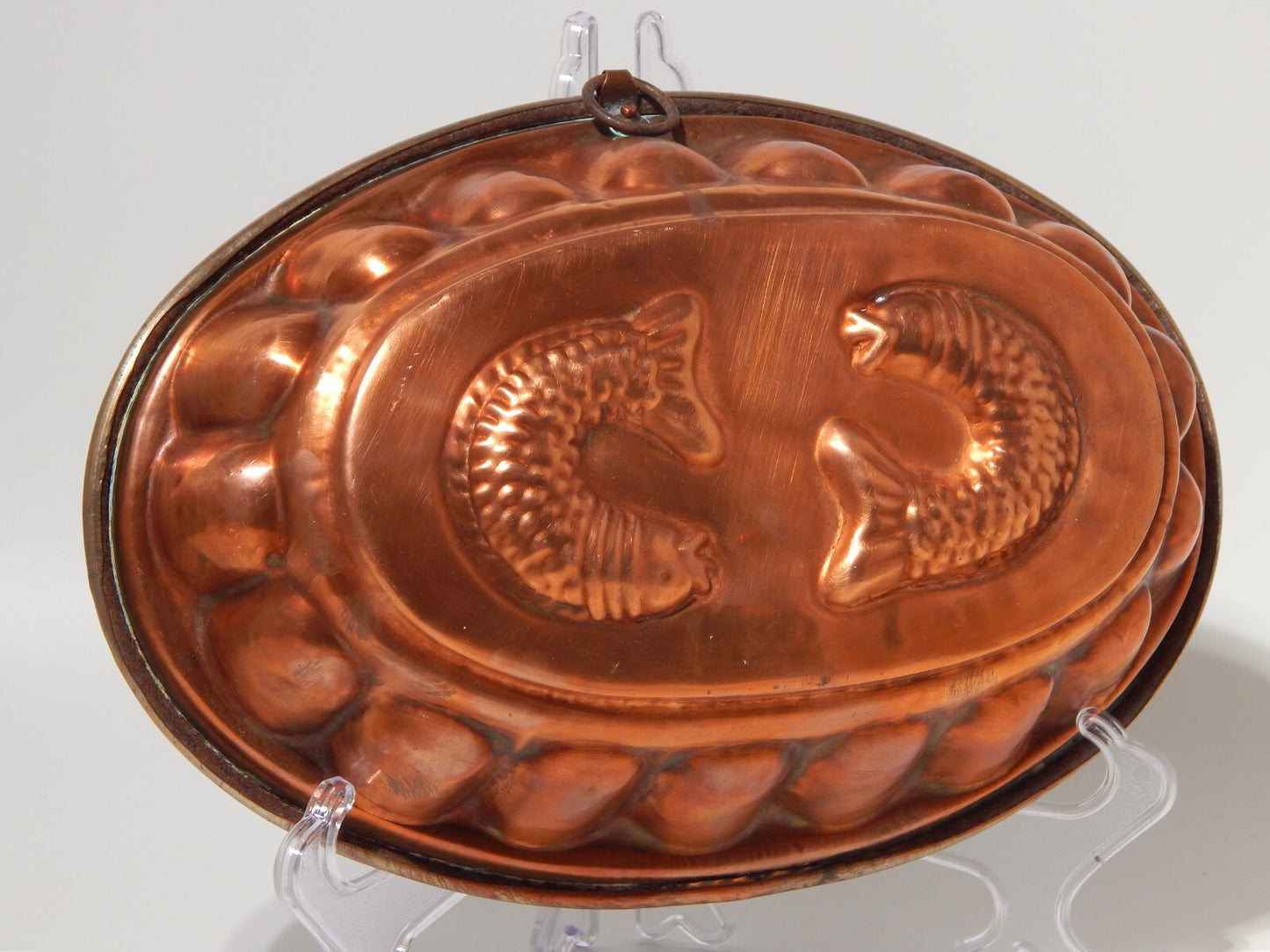 VINTAGE CUCINA FORMELLA STAMPO OVALE RAME PRIMA META' 900 CM 31 PESCI