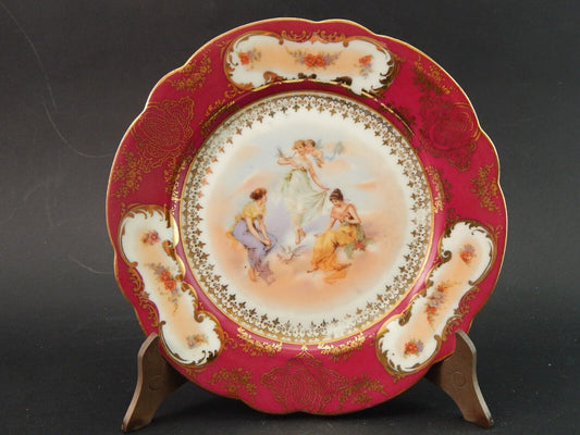 ANTICO PREZIOSO PIATTO DECORATIVO ROMANTICO PORCELLANA VIENNA ROSSO E ORO