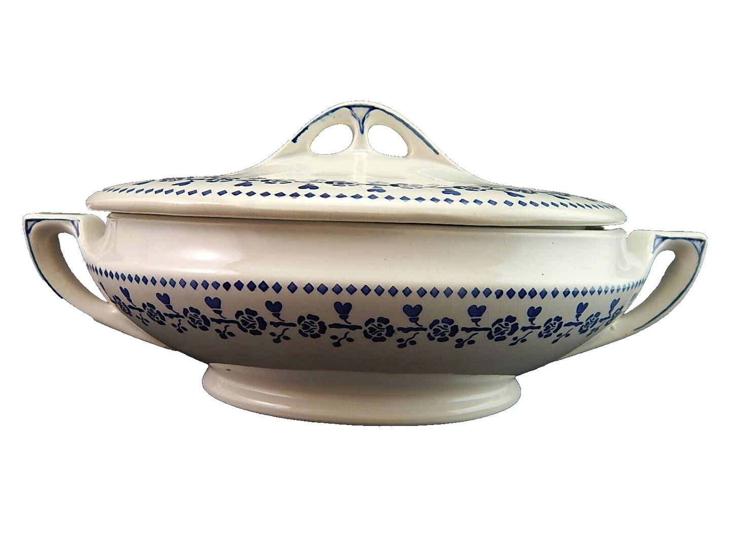 ANTICA ART DECO ZUPPIERA LEGUMIERA SEMI PORCELLANA CECILIE BIANCA E BLU