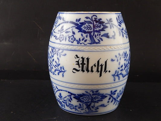 ANTICO RARO BARATTOLO CUCINA MEHL FARINA CERAMICA DECORO MEISSEN BIANCO BLU