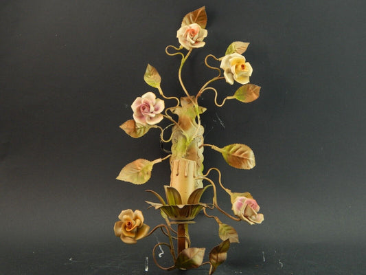 APPLIQUE 1 FUOCO ANTICA LIBERTY FERRO BATTUTO E ROSE CERAMICA POLICROME #1731