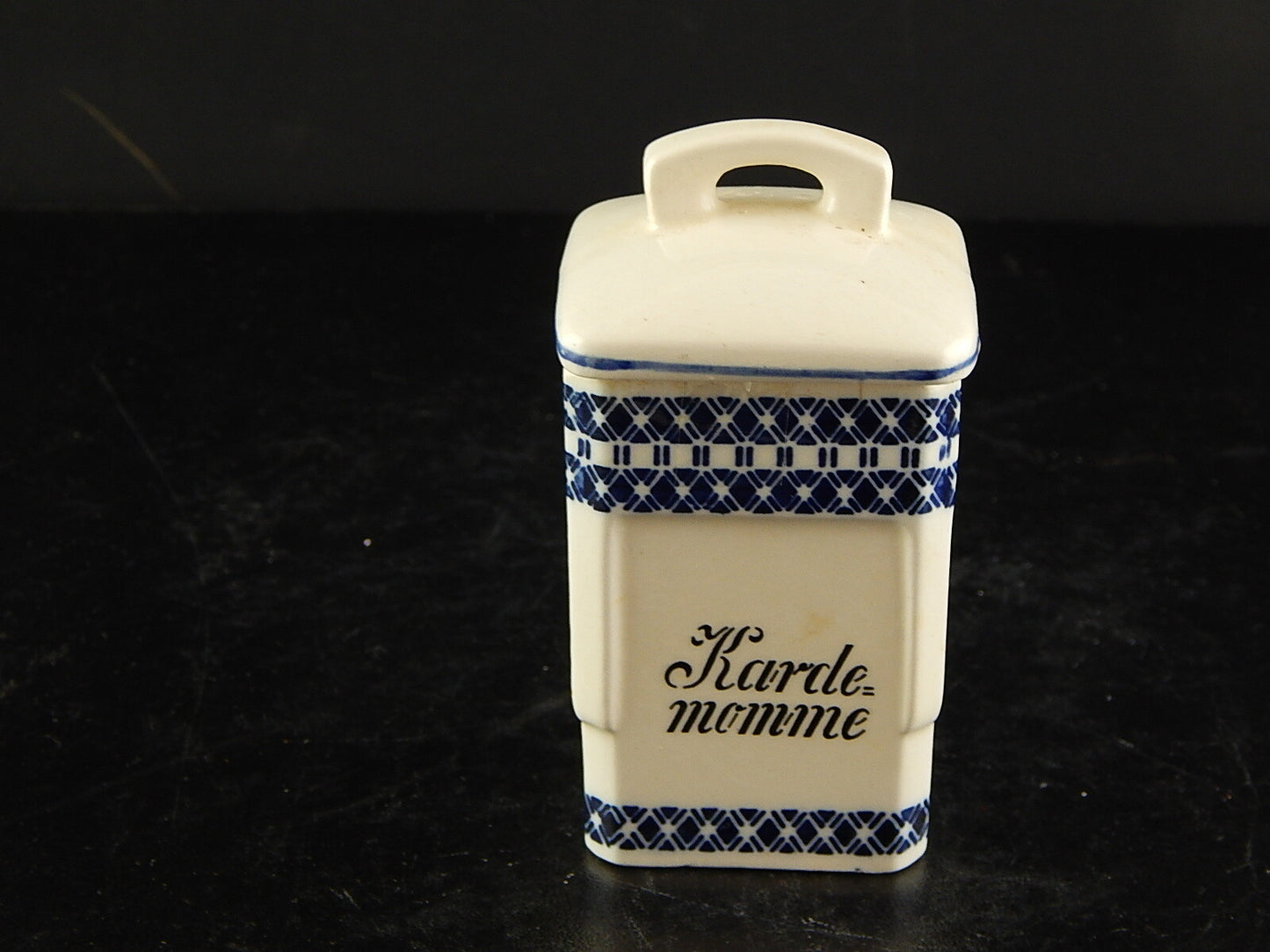 ANTICO BARATTOLO SPEZIE CERAMICA CARDAMOMO CUCINA ART DECO PRIMO 900 BIANCO BLU