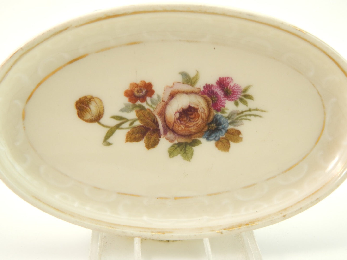 ANTICO PIATTINO OVALE KPM COPENHAGEN PORCELLANA BOUQUET DI FIORI E ORO DEL 1924