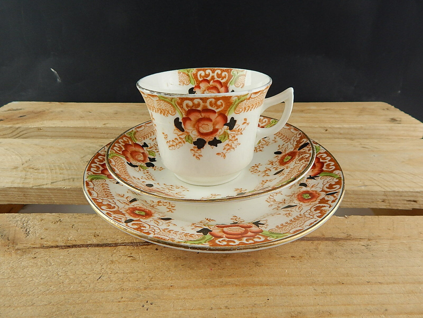 ANTICO PREZIOSO TRIO TAZZA TÈ 2 PIATTI PORCELLANA INGLESE EPOCA VITTORIANA #5919