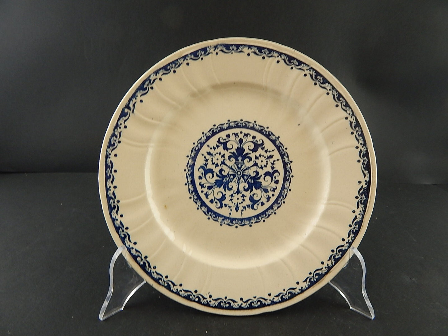 ANTICO RARO DEL 1875 PIATTO CM 22,5 CERAMICA GIEN DECORO BLU ALLA ROUEN