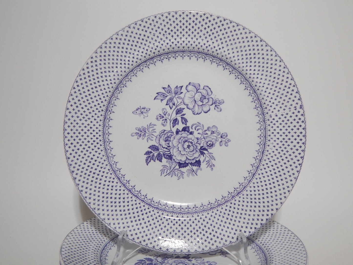ANTICO SET 6 PIATTI CERAMICA STAFFORDSHIRE PRIMAVESI 1860 ERMINE BORDER VIOLA