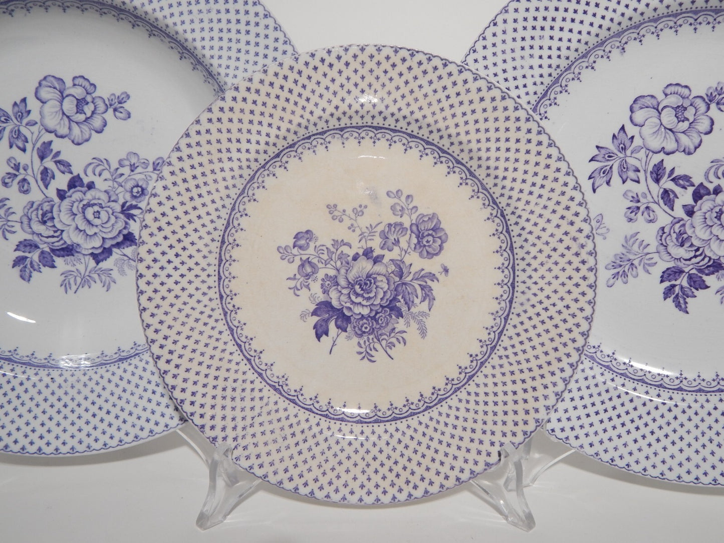ANTICO SET 12 PIATTI CERAMICA STAFFORDSHIRE PRIMAVESI 1860 ERMINE BORDER VIOLA