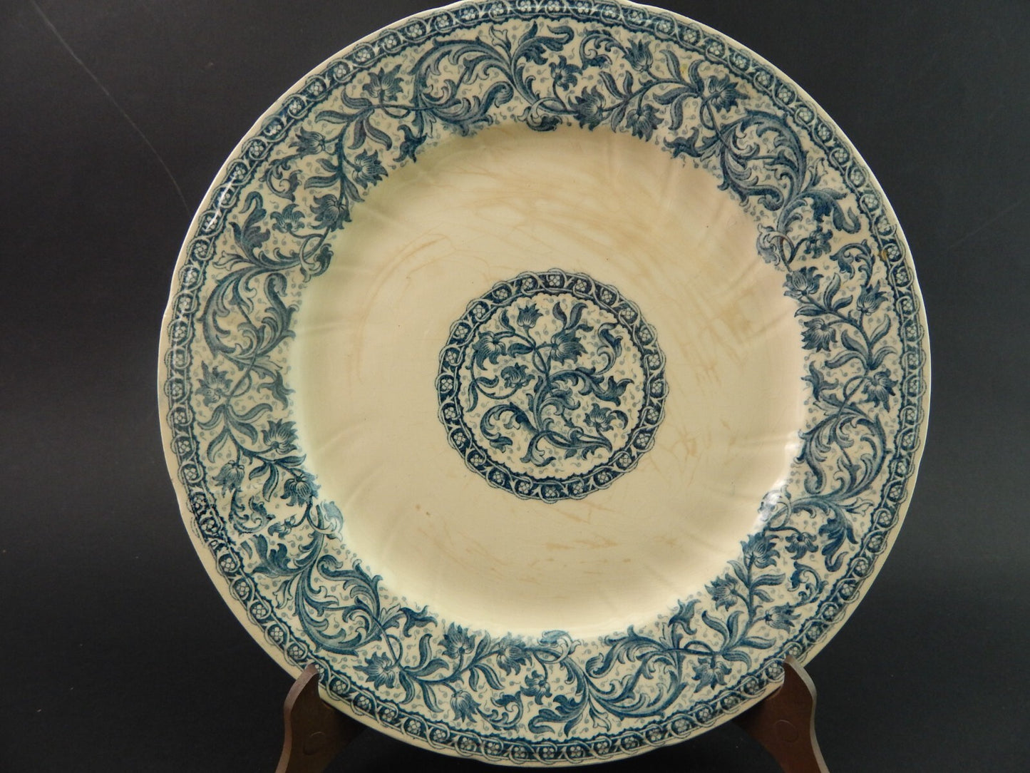 ANTICO RARO DEL 1923 PIATTO MAIOLICA CERAMICA GIEN DECORO BLU ALLA ROUEN #1763