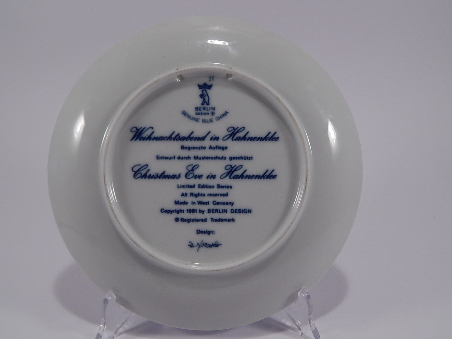 VINTAGE PIATTO PORCELLANA COLLEZIONE NATALE 1981 BERLIN DESIGN CHRISTMAS PLATE