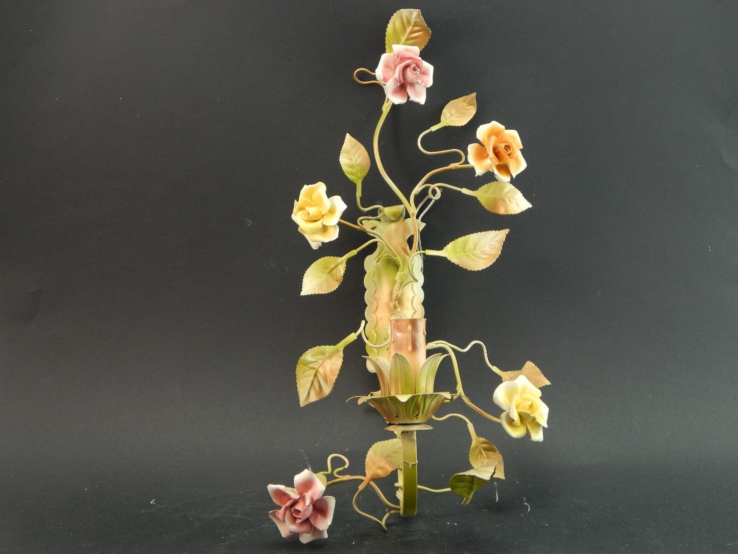 APPLIQUE 1 FUOCO ANTICA LIBERTY FERRO BATTUTO E ROSE CERAMICA POLICROME #1732