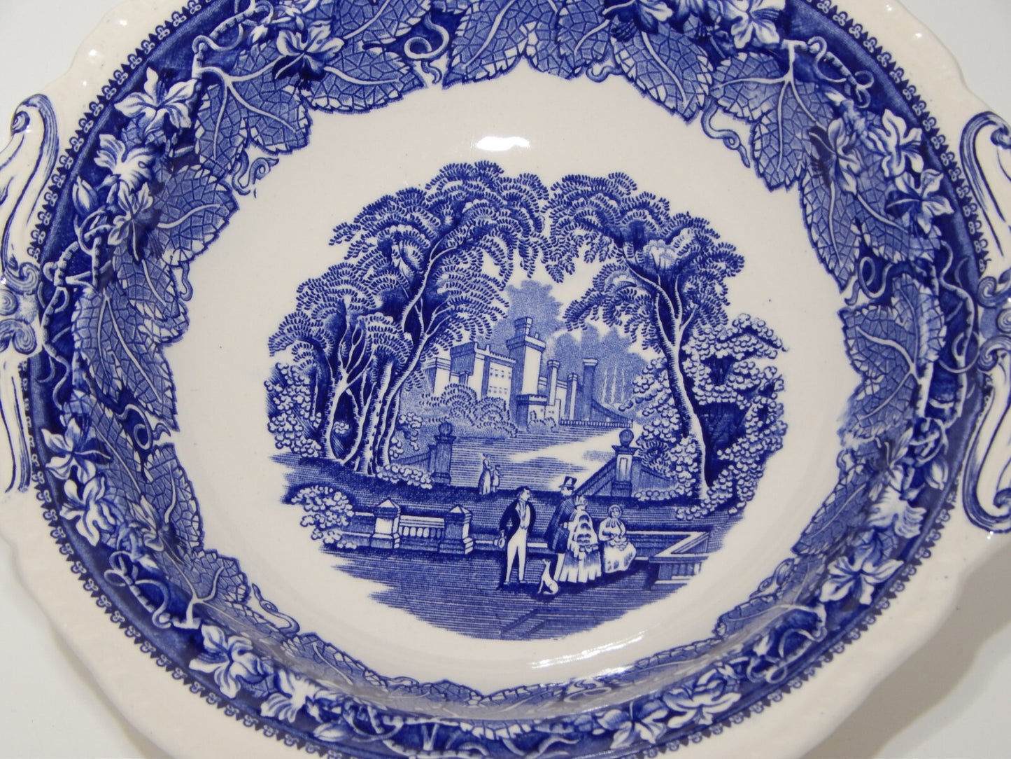 ANTICA LEGUMIERA CENTROTAVOLA CERAMICA INGLESE MASON’S DECORO VISTA BIANCO BLU